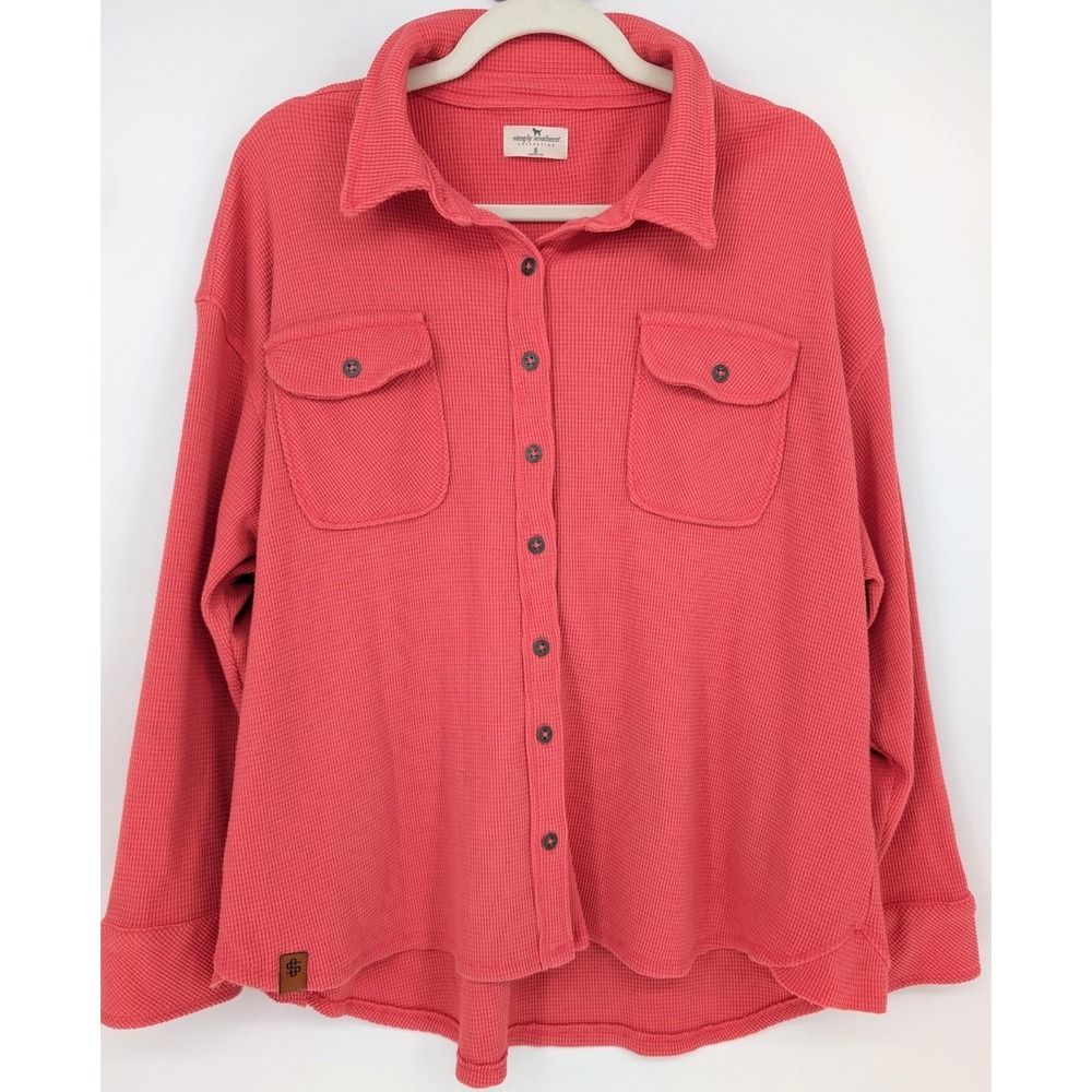 Simply Southern Womens Waffle Knit Lumber Shacket Nantucket Coral Red Small Prep
